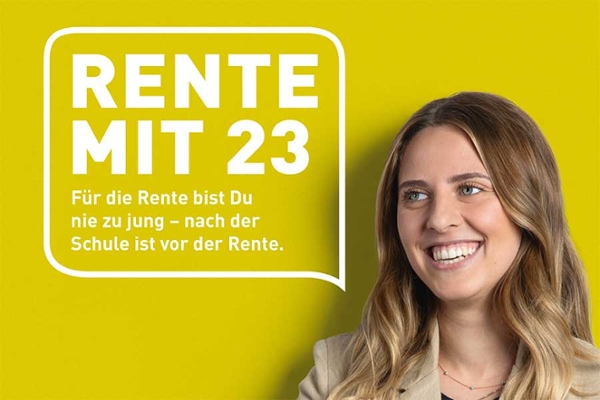 Portrait einer Frau mit Sprechblase: Rente mit 23? Für die Rente bist Du nie zu jung - nach der Schule ist vor der Rente. Portrait einer Frau mit Sprechblase: Rente mit 23? Für die Rente bist Du nie zu jung - nach der Schule ist vor der Rente.
