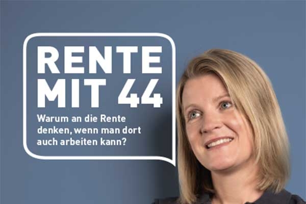 Portrait einer Frau mit Sprechblase: Rente mit 35? Warum an die Rente denken, wenn man dort auch arbeiten kann. Portrait einer Frau mit Sprechblase: Rente mit 35? Warum an die Rente denken, wenn man dort auch arbeiten kann.
